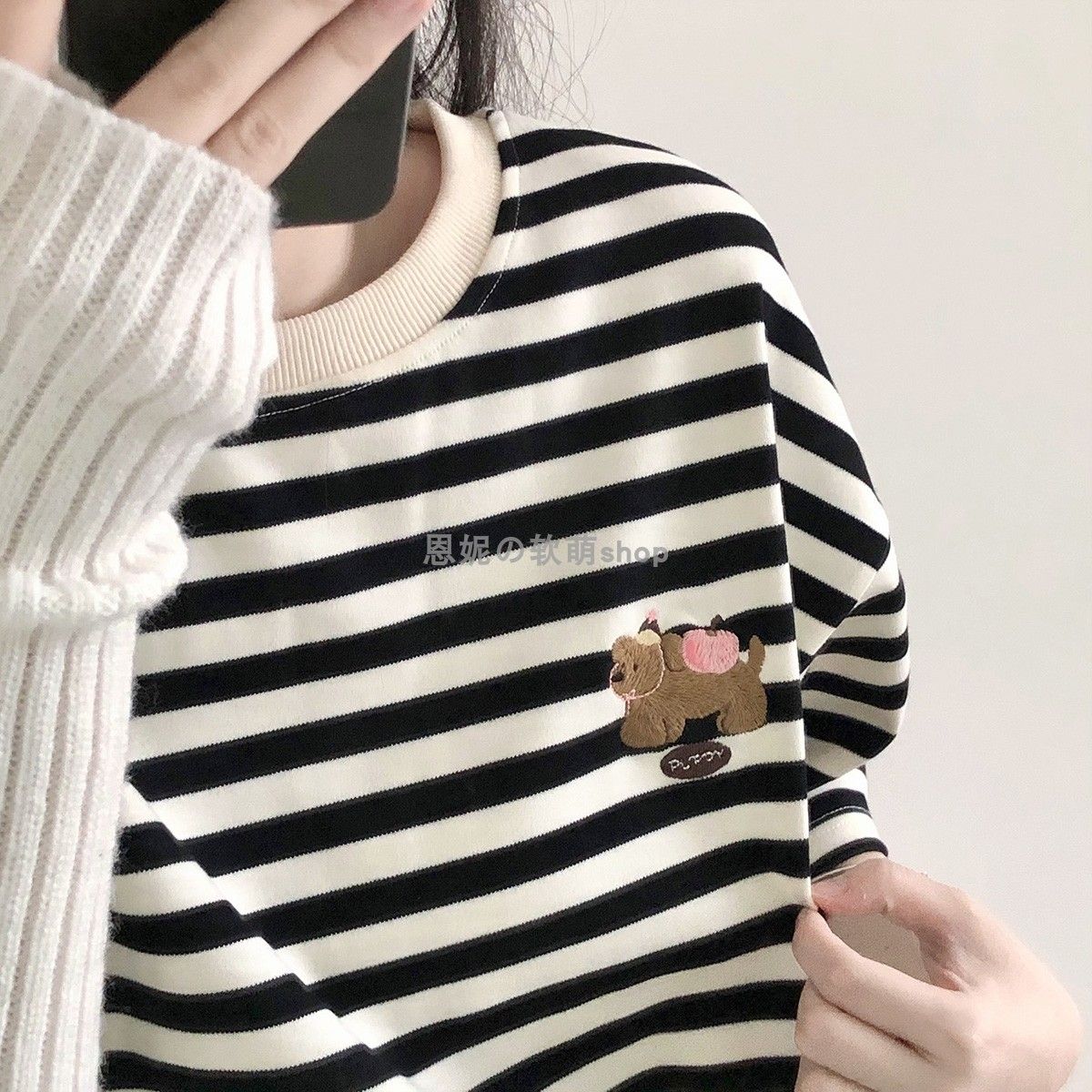 220g original workmanship pure cotton cartoon cute puppy embroidered striped short-sleeved loose round neck T-shirt top for women summer