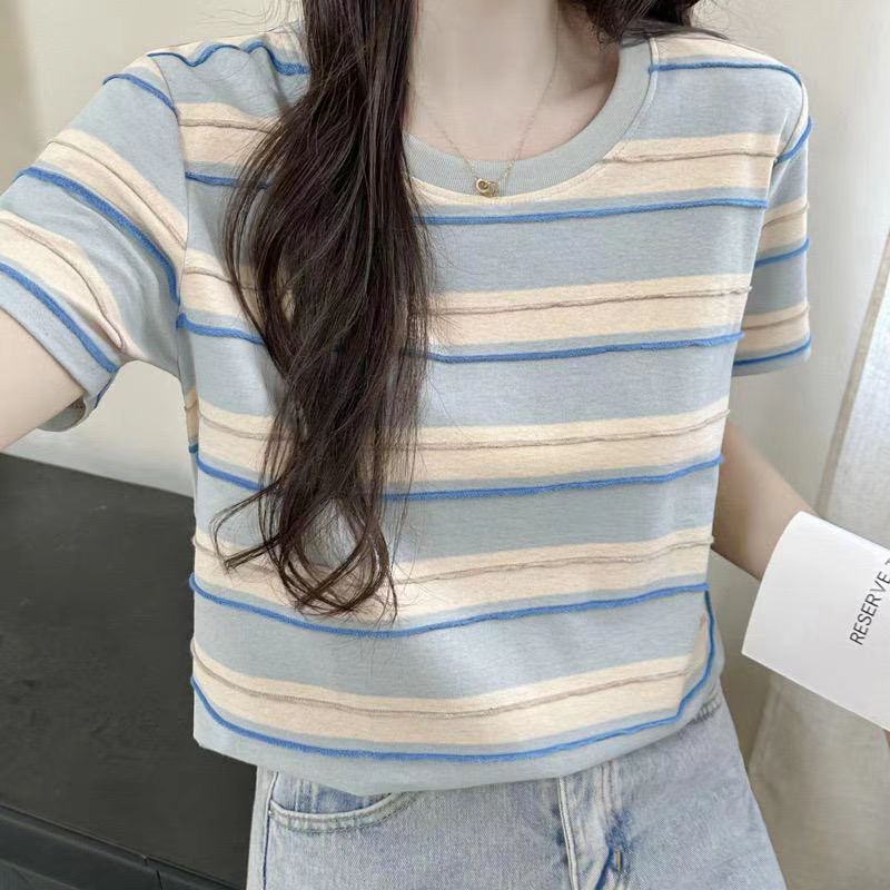 Pure cotton jacquard small fresh striped contrasting color front shoulder pleated short-sleeved T-shirt for women in summer blue slim large-size top