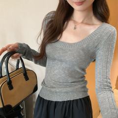 Real photos of early spring Korean u-neck front shoulder long-sleeved sweater for women 2025 new pure waist-hugging slimming base shirt