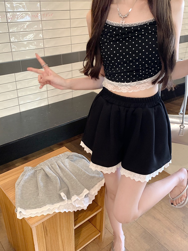 Korean lace lace casual pants for women in summer, versatile slim and elastic waist loose gray wide-leg pants sports shorts
