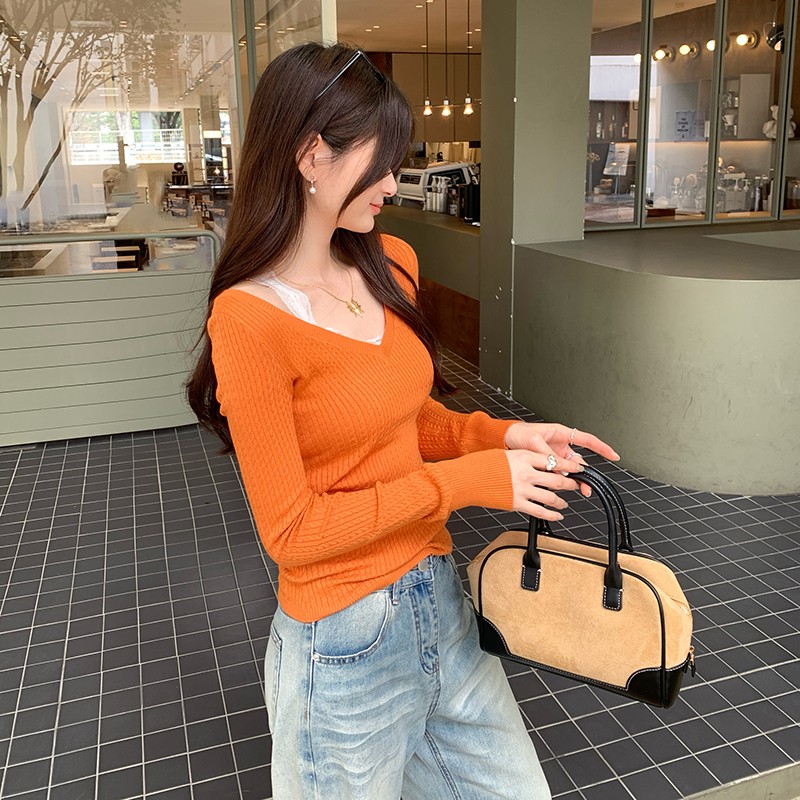 Real photo of early spring twisted texture orange dopamine V-neck gentle lazy style long-sleeved sweater women's top