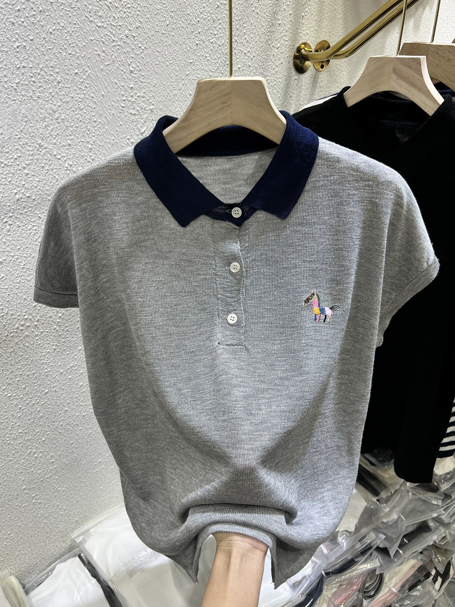 歐貨POLO衫薄款冰絲針織小馬刺繡撞色短袖T恤女夏季新款通勤上衣