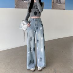 Real photo~ American retro wide-leg jeans for women in spring new style old draped loose floor trousers