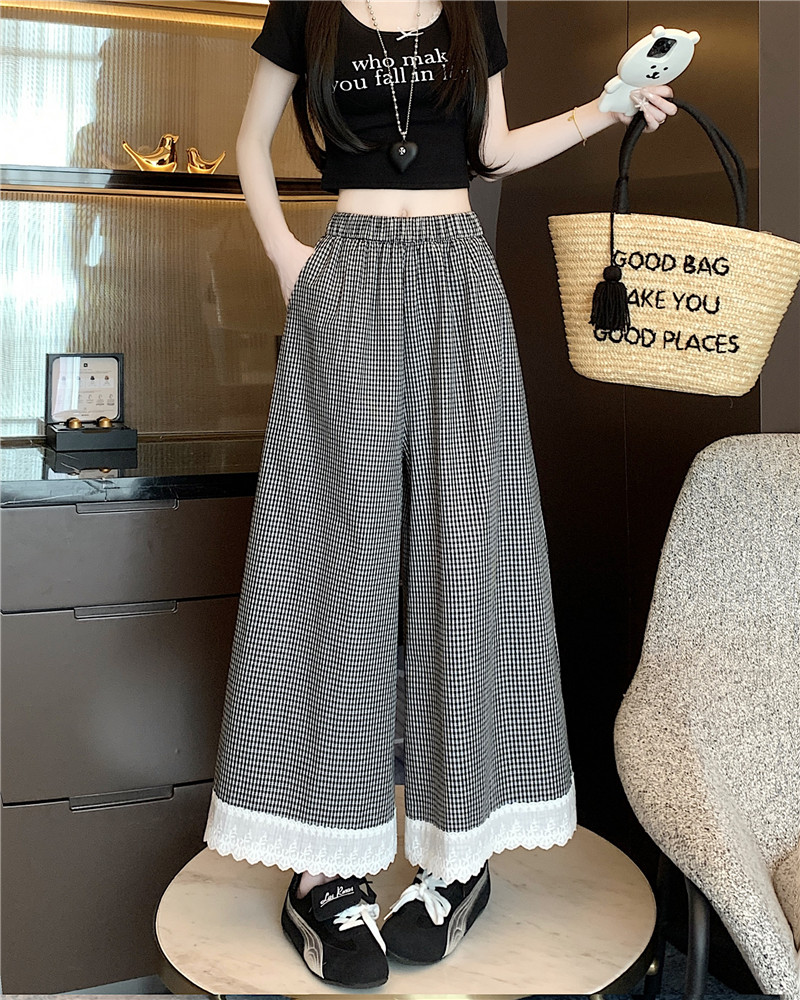 Real shot Lace lace spliced ​​elastic plaid casual pants versatile plaid pants wide-leg pants