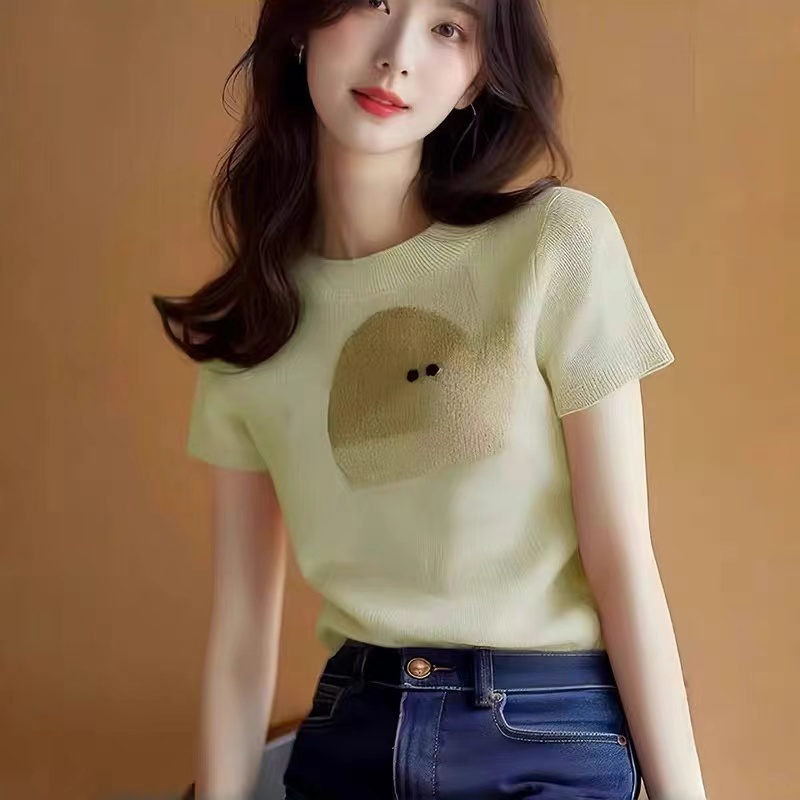 New design-sensual temperament top knitted ice silk slim shoulder short-sleeved T-shirt for women in summer