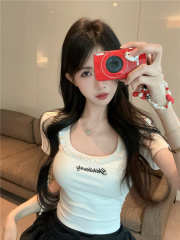Photographed~ 2025 Summer New Korean Style Trendy Spicy Girl Splicing Lace U-Neck Printed Letter Bare Waist T-Shirt