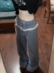 Korean chic suit waist lace spliced ​​plaid jeans for women casual loose slimming straight wide-leg pants trendy