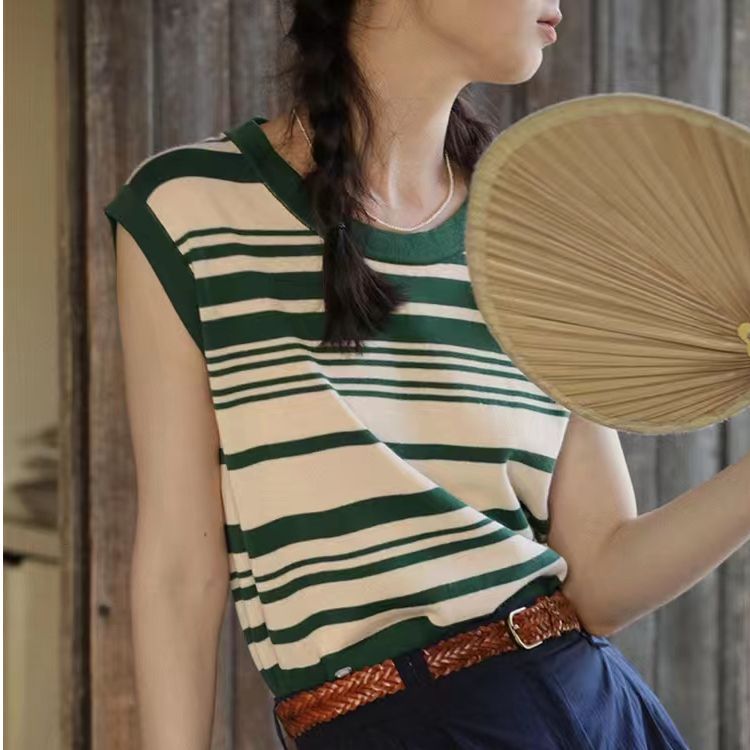 Green striped knitted inner layer bottoming sleeveless T-shirt top vest women's thin retro loose suspender summer wear