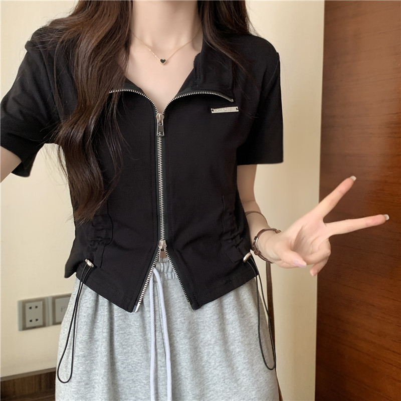 實拍純棉高彈夏季新款設計小眾polo領短款短袖T恤女潮