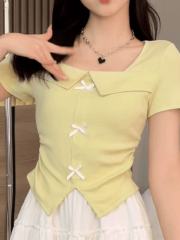 非實拍 方領鎖骨短袖夏季新款立體蝴蝶結修身顯瘦針織衫上衣