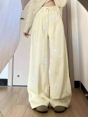 American retro rice and apricot color high-waist jeans for women 2025 summer versatile wide-leg high-end straight trousers trendy