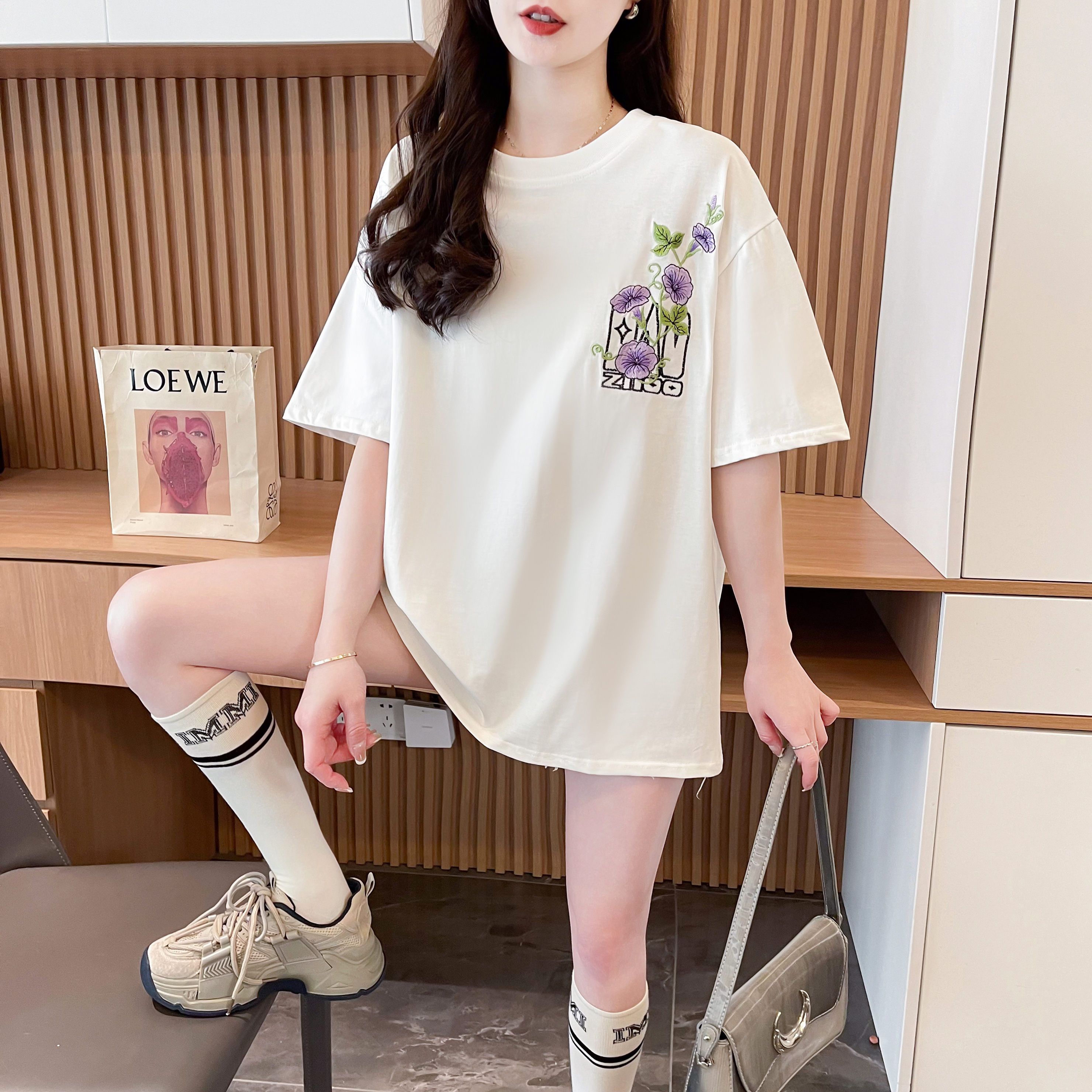 實拍240克純棉大碼韓版寬鬆刺繡T恤女裝夏季新款百搭短袖上衣情侶