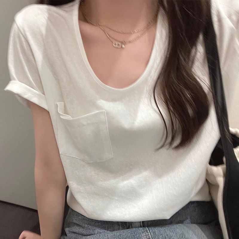 Pure cotton Korean Dongdaemun Fashionable Pure Edition U-neck Short-sleeved T-shirt for women in summer, interior and exterior wear versatile ins trend