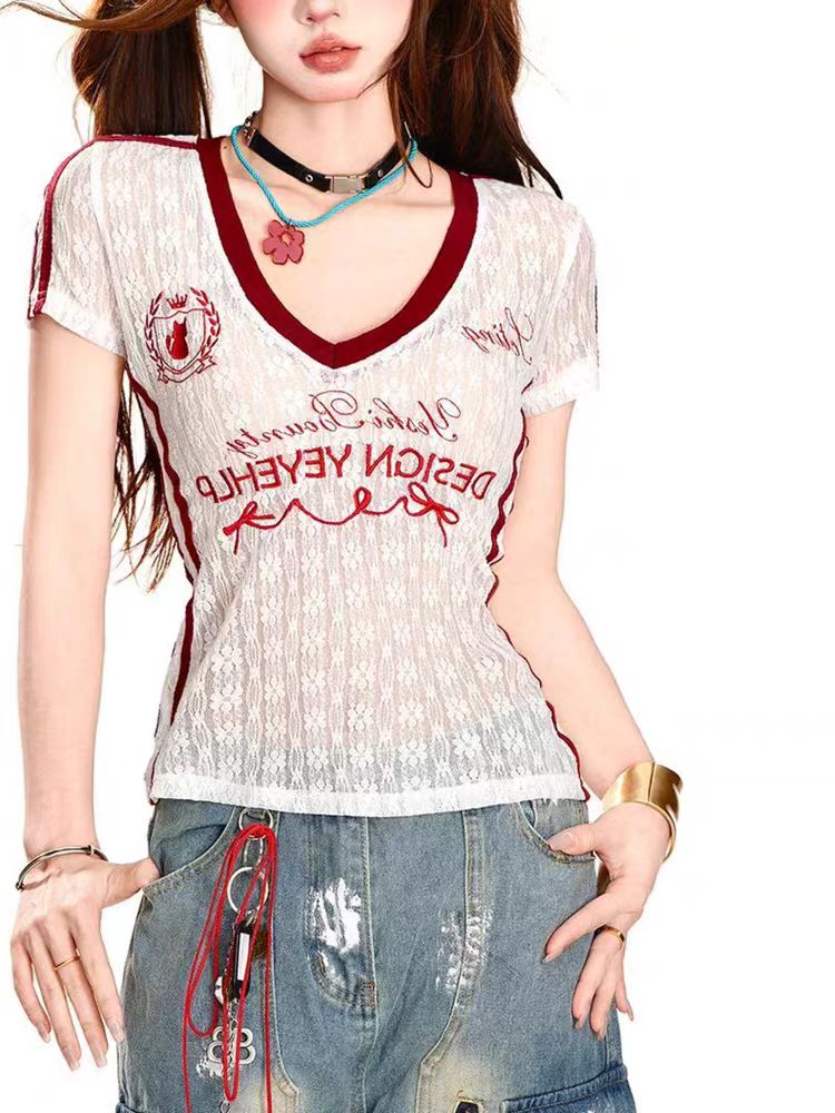 Korean chic retro front shoulder new short-sleeved contrasting color splicing hot girl slim American summer slim short top
