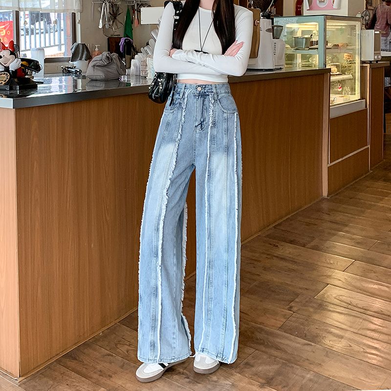 Real shot of new summer retro wide-leg jeans for women with fur-edged tassel design loose straight-leg trousers