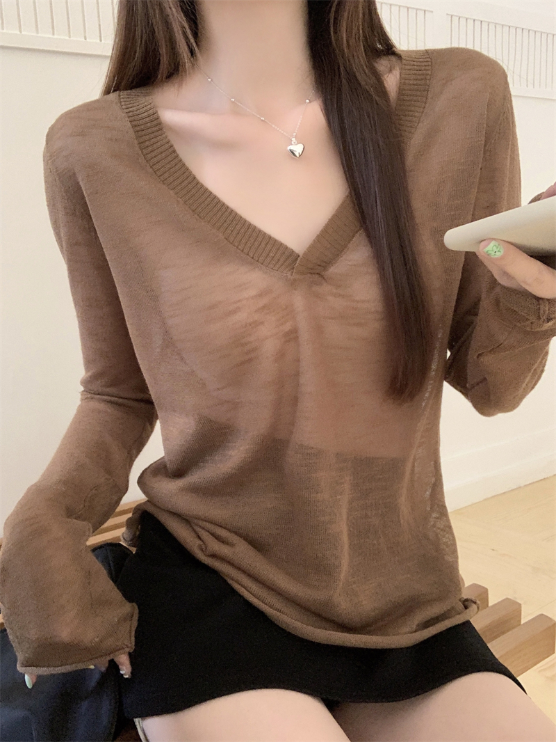 Real shot of real v-neck transparent slim blouse knitted long-sleeved top for women