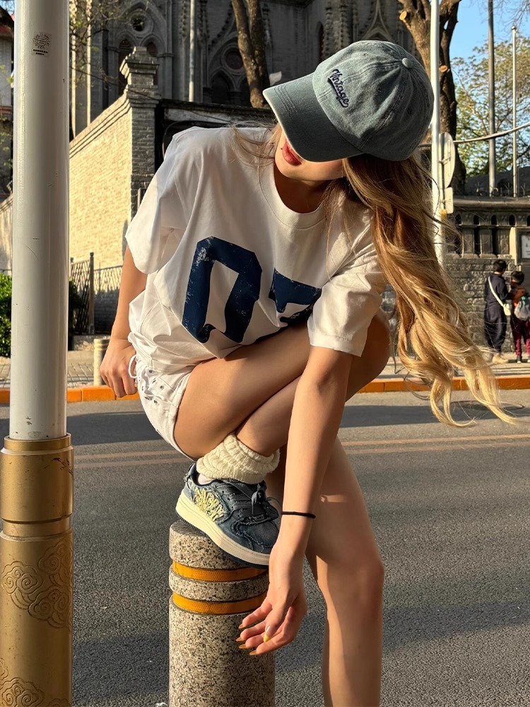 Korean chic American retro short-sleeved women's summer letter printing pure cotton couple T-shirt loose half-sleeved top trendy