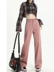 S-2XL size dirty pink jeans for women's spring new high-waist double-breasted breasted wide-leg pants