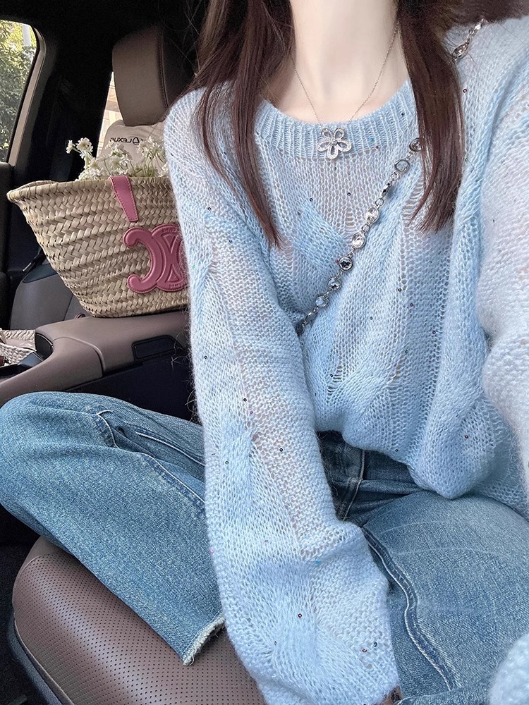Mela Blue Hollow Long Sleeve Mohair Sweater Knitted Women's 2025 New Spring Frosty High-end Top