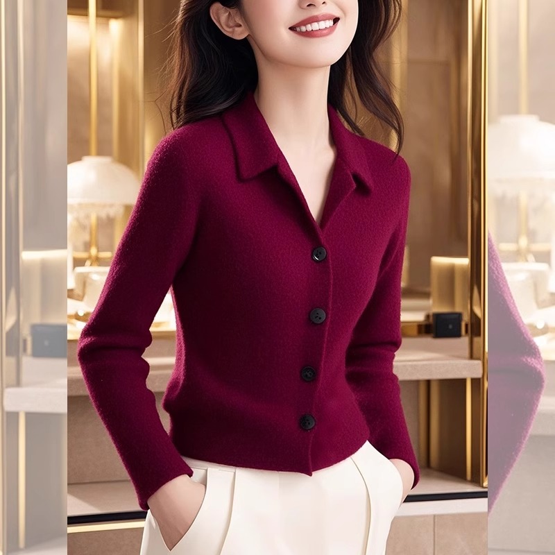 韓系高級感時尚洋氣紅色氣質小眾輕奢慵懶風顯襯衫領針織開衫上衣