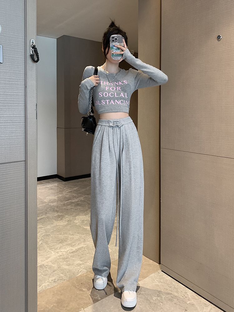 灰色新品綁帶運動褲女2025新款高腰垂感顯瘦窄版直筒休閒闊腿長褲
