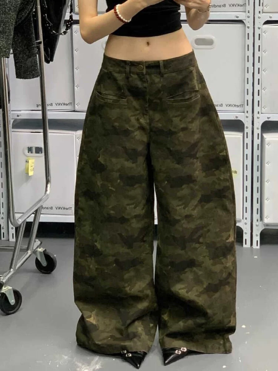 2025 summer new American Vibe retro old camouflage wide-leg jeans for women slim straight work trousers