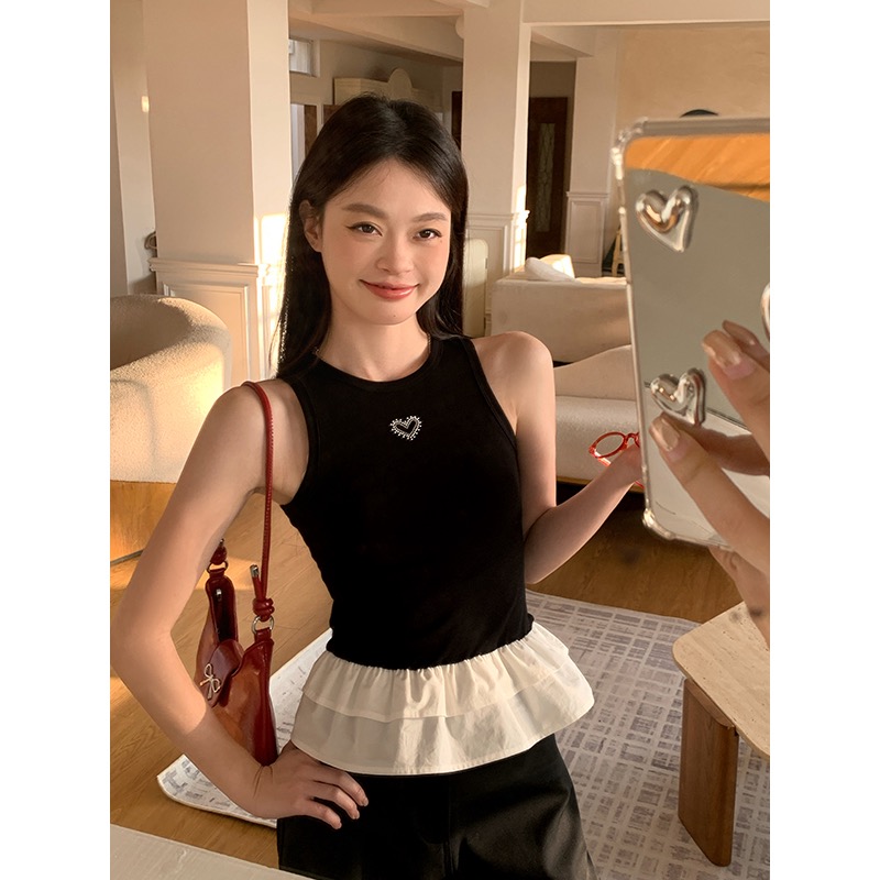 人棉黑色愛心繡花雙層花邊打底背心女夏季2025新款甜酷無袖上衣