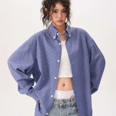 American retro lazy loose blue plaid shirt for women and men's spring and autumn new trendy brand casual long-sleeved shirt