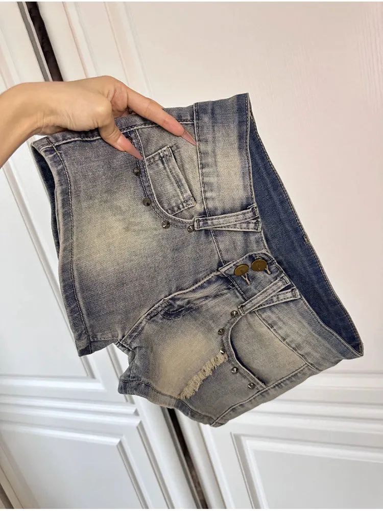 Hot girl retro denim shorts women summer ins high street washing low waist small tight hip hot pants