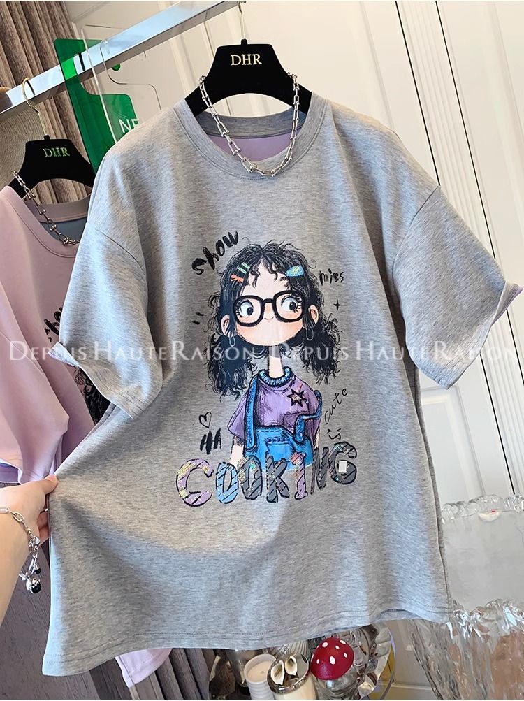 Large size 300 catties unique and beautiful girl contrasting color short-sleeved T-shirt loose top for women summer