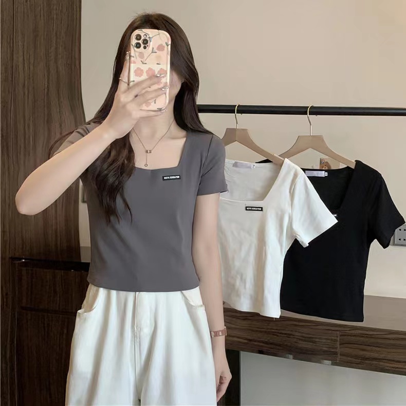 Real shot of pure cotton ribbed square collar shoulder short-sleeved T-shirt for women