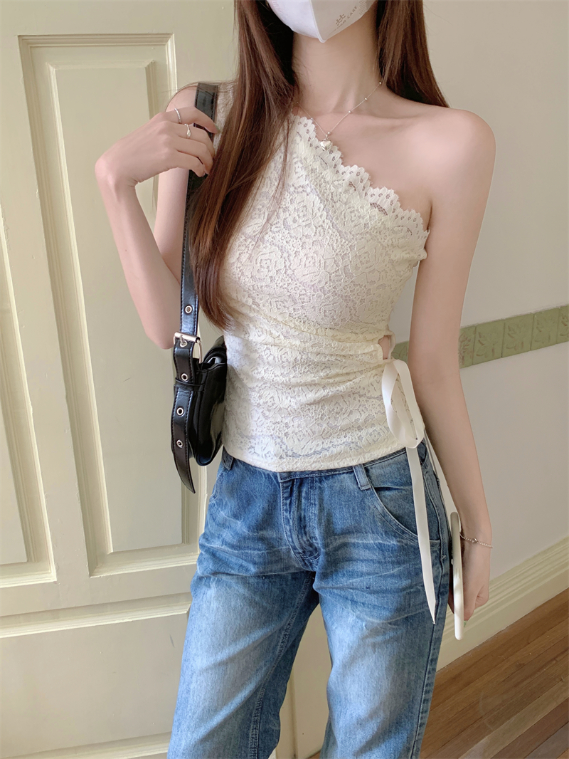 Real photo Real lace off-shoulder bow cutout vest top