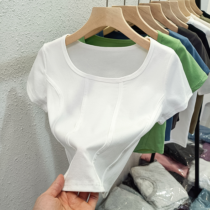 Real shot of pure cotton ribbed square collar fish bone slim short-sleeved top for women