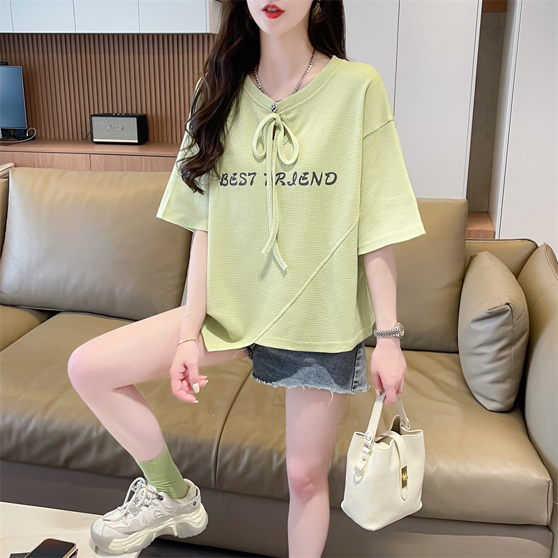 首發實拍新款撞色夏季華夫格刺繡短袖T恤女