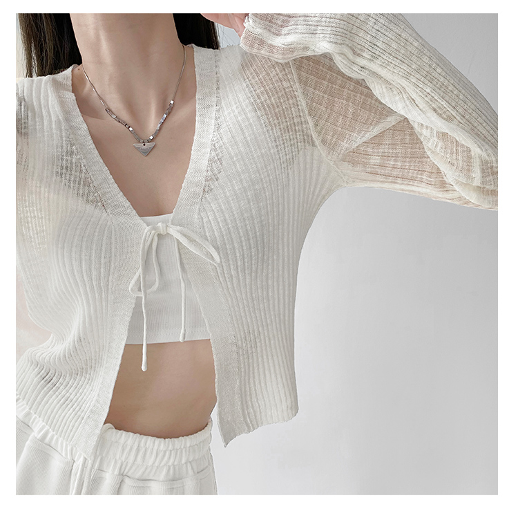 Summer thin simple lace-up knitted cardigan for women versatile V-neck long-sleeved tops for sunscreen