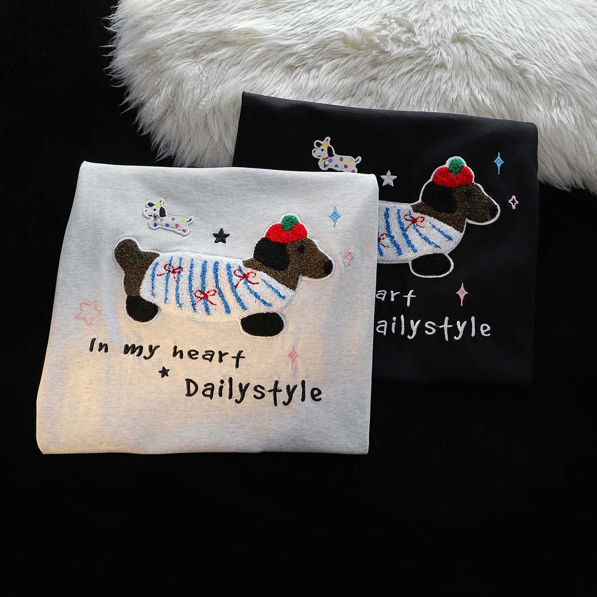 Cute towel embroidered puppy cotton short-sleeved T-shirt for women in summer couple loose lazy chic half-sleeved sweet cool top