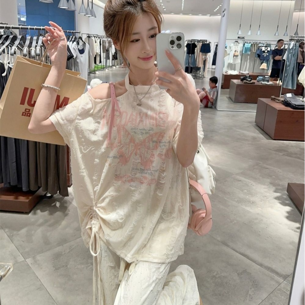 Original ripped cloth summer women's clothing Korean bow printed drawstring off shoulder short-sleeved sunscreen T-shirt