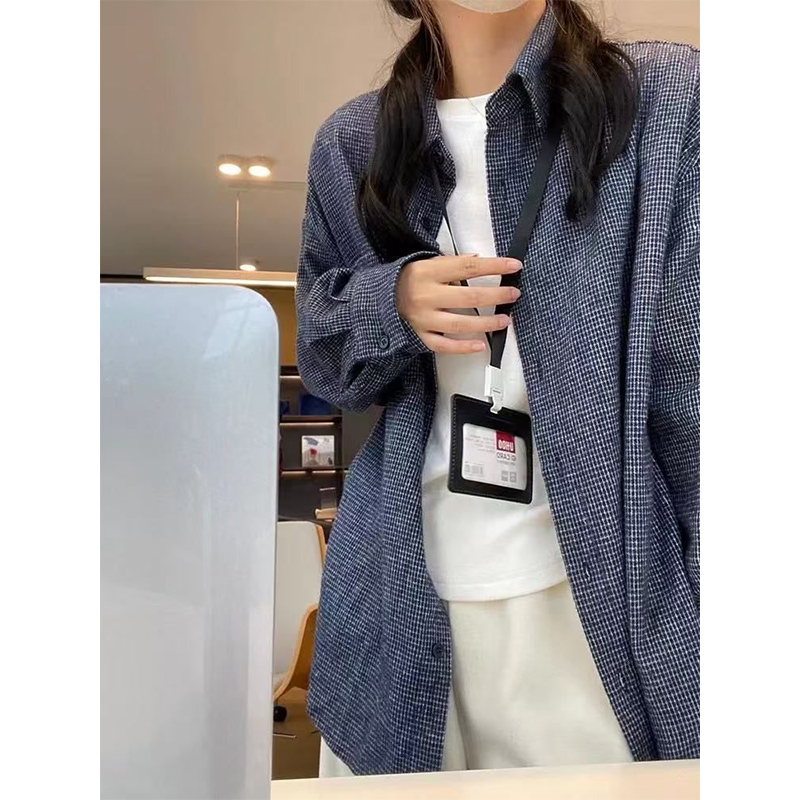 Korean spring loose blue plaid shirt for women casual commuting POLO collar long sleeve shirt cotton linen fur coat