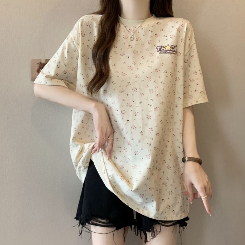 Real shot 21 pure cotton high-tight 200 short-sleeved T-shirts for women, printed foam, long style