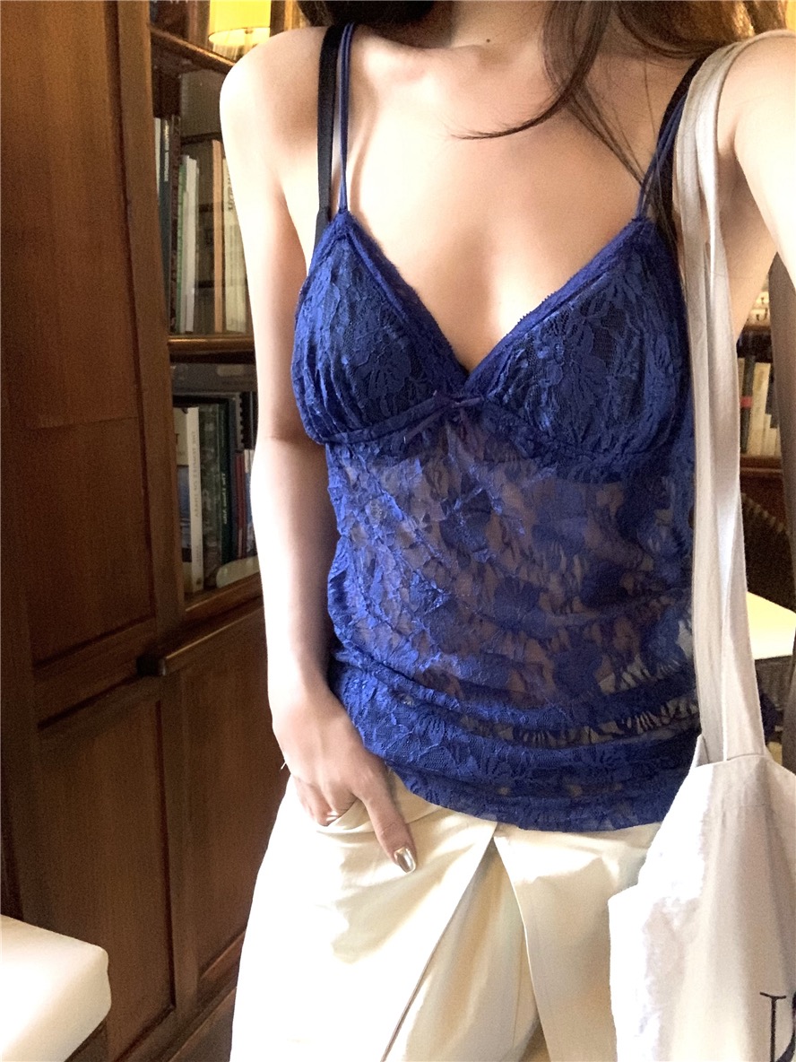 藍色蕾絲吊帶背心女夏季修身內搭設計感辣妹性感美背打底上衣外穿
