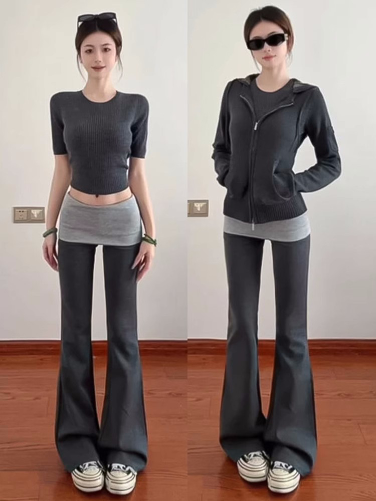 Korean gray spliced ​​fake two-piece bell-bottom pants for women in summer new high-waist drooping casual slim sports yoga pants