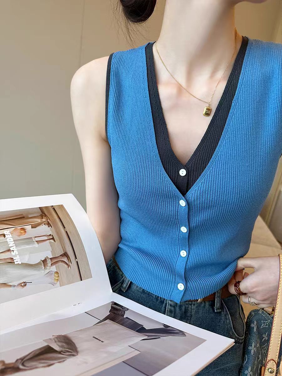 New V-neck short top knit sweater suspender vest for women in summer base shirt