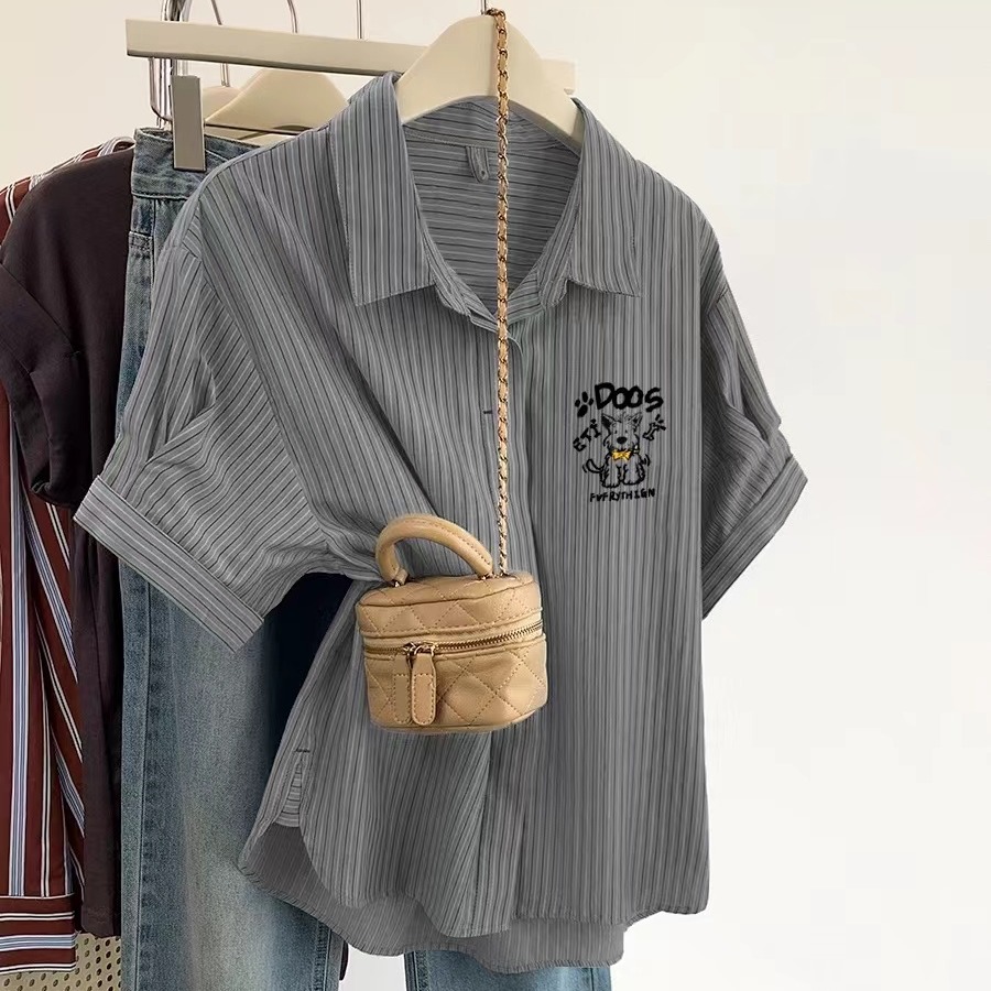 Gray puppy French striped polo collar short-sleeved shirt for women in summer 2025 new shirt front shoulder half-sleeved top