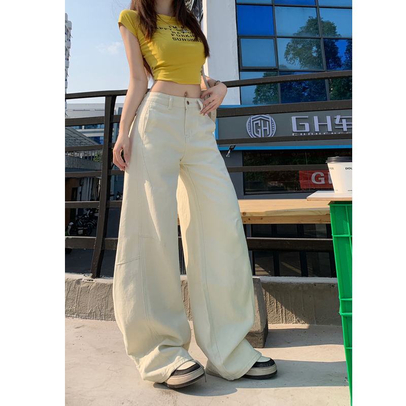 美式卡其杏色牛仔褲女設計感拼接卡其色寬鬆闊腿直筒長褲加長