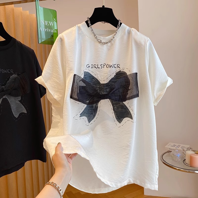 印花+蝴蝶結原版布料特大碼240斤網紗拼接蝴蝶結短袖