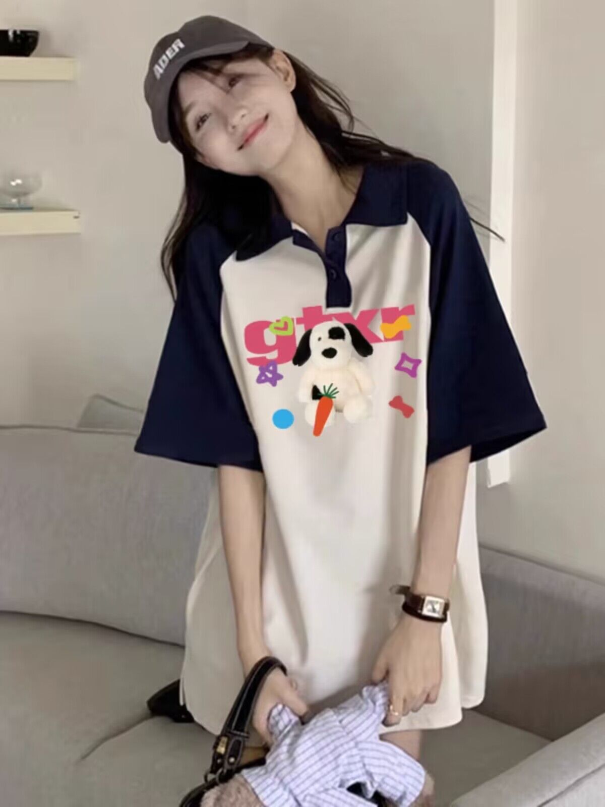純棉 polo領寬鬆顯瘦t恤女夏季oversize短袖洋氣減齡別致情侶上衣