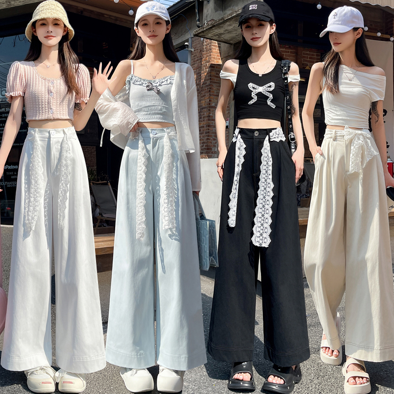 實拍蕾絲系帶拼接洗水棉闊腿褲女2025夏季高腰寬鬆九分休閒直筒褲