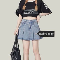 Lazy style high waist pleated denim skirt for women in spring and summer new style slim and tall A-line simple denim skirt trendy