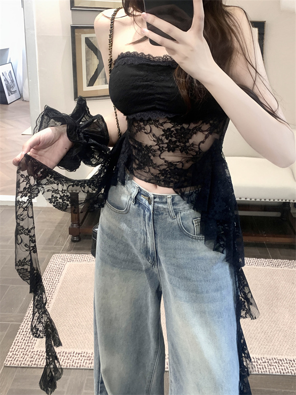 實拍 白色蕾絲飄帶抹胸女夏純欲性感辣妹修身顯瘦不規則上衣