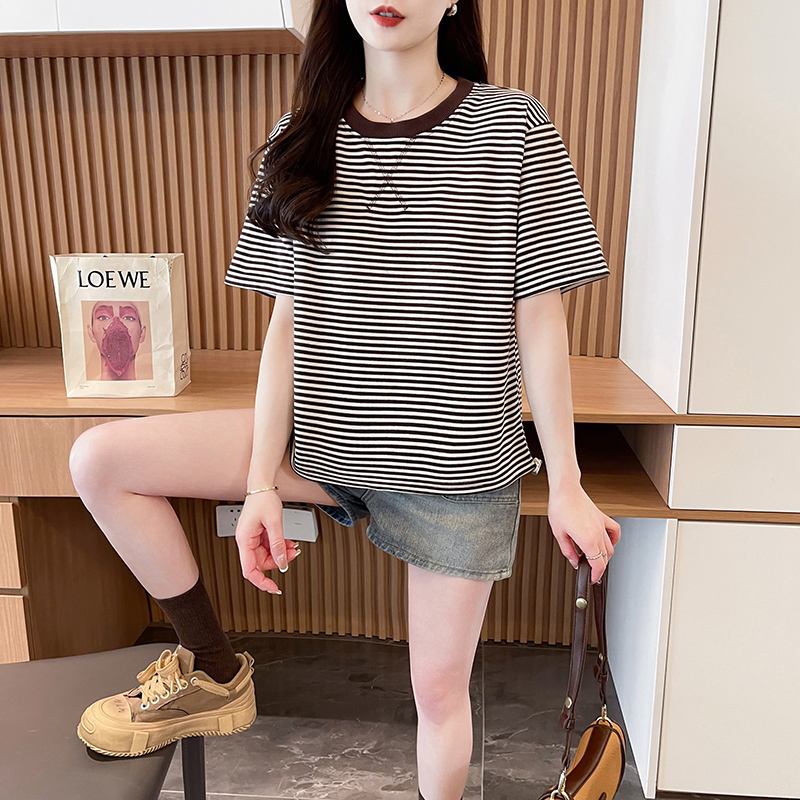 實拍 條紋短袖T恤女裝2025新款夏季設計感抽繩大碼上衣